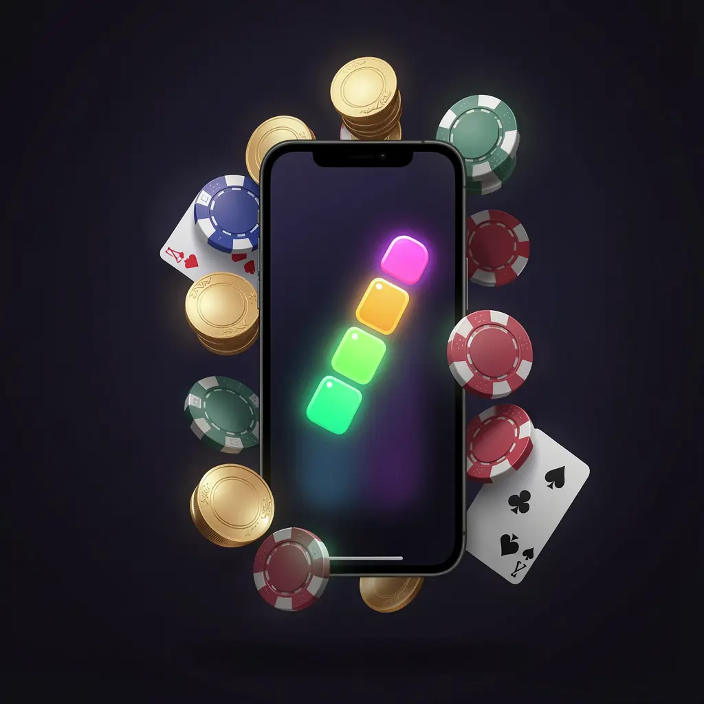 Visual pemasangan aplikasi kasino WP8888 pada ponsel pintar dengan bilah kemajuan bercahaya, dikelilingi koin, chip, dan kartu di latar belakang gelap