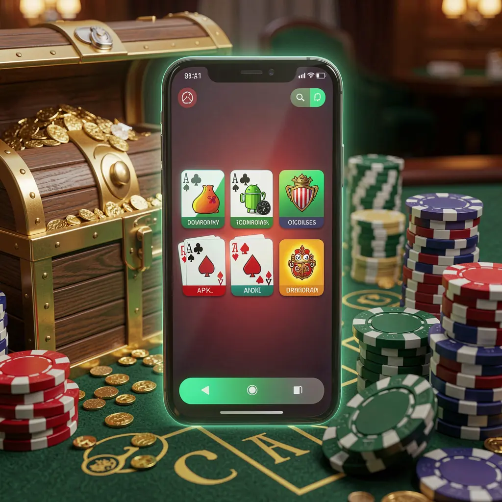 Ponsel pintar bercahaya yang menampilkan APK Kasino WP8888 dengan tata letak aplikasi bergaya Android, dikelilingi peti harta karun, chip, dan koin dalam render 3D mewah