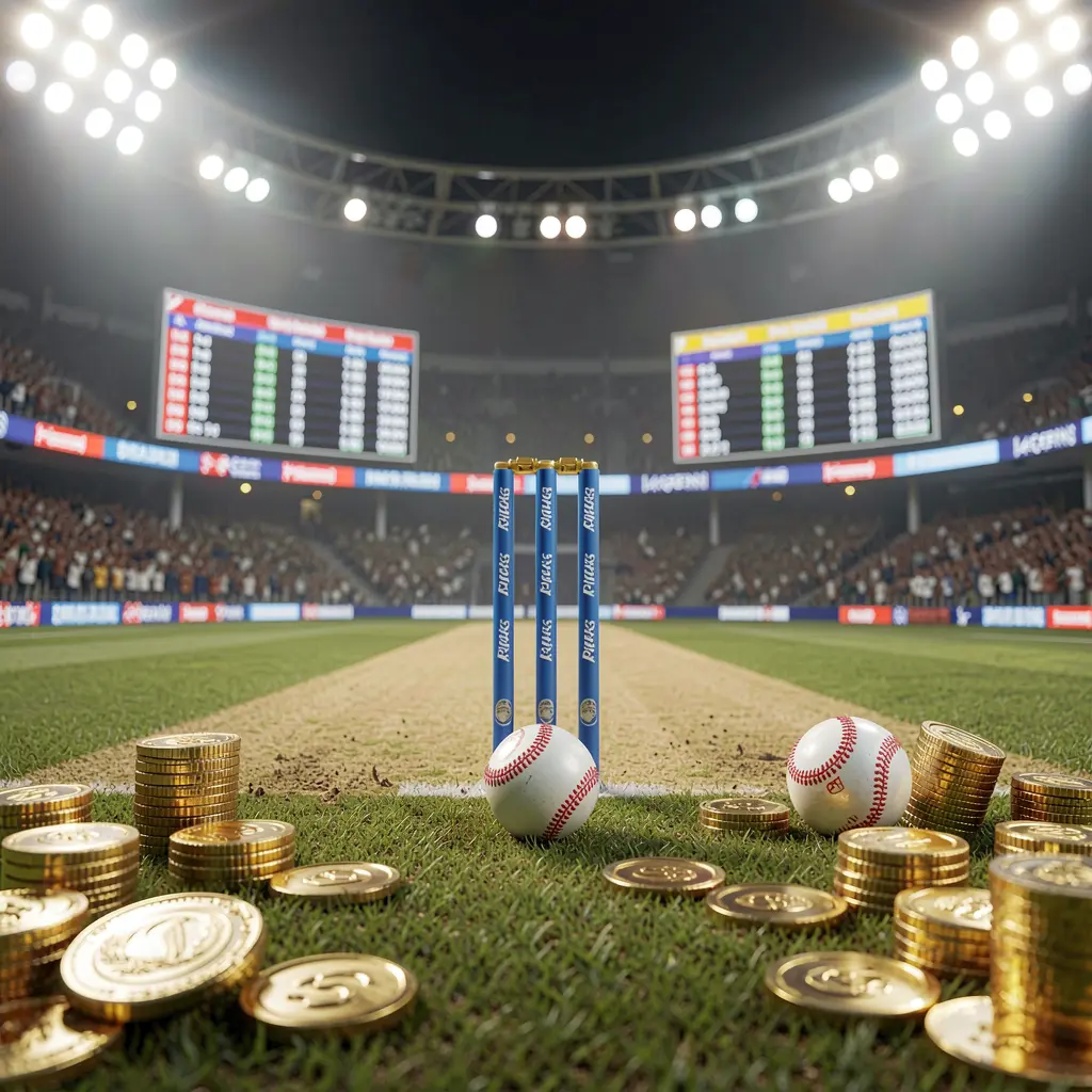 Adegan taruhan kriket langsung WP8888 yang menampilkan lapangan kriket di bawah lampu stadion terang dengan wicket, bola, koin emas, dan panel peluang bercahaya dalam render realistis sinematik