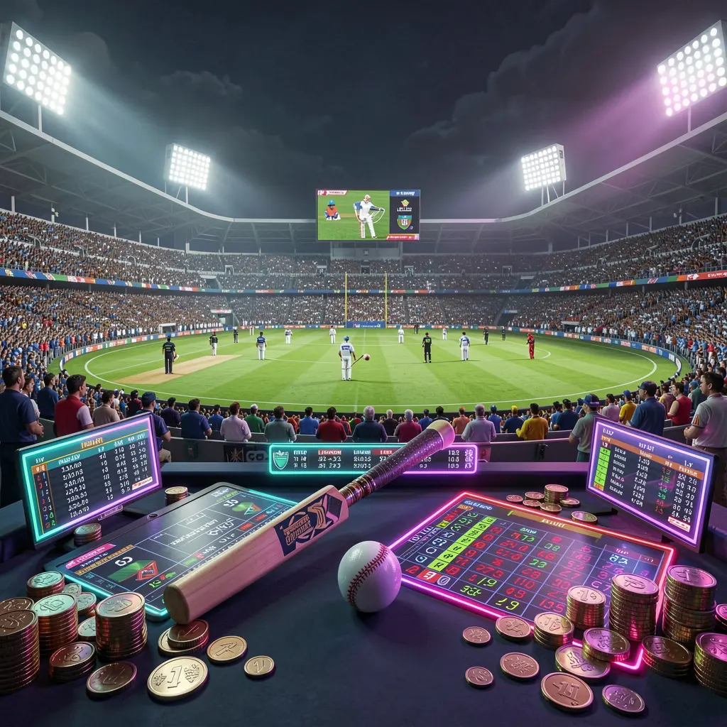 Adegan bandar taruhan olahraga kriket WP8888 yang menampilkan stadion kriket penuh penonton dengan lapangan hijau, pemukul dan bola, panel peluang langsung digital, koin, dan pencahayaan neon dalam render 3D sinematik
