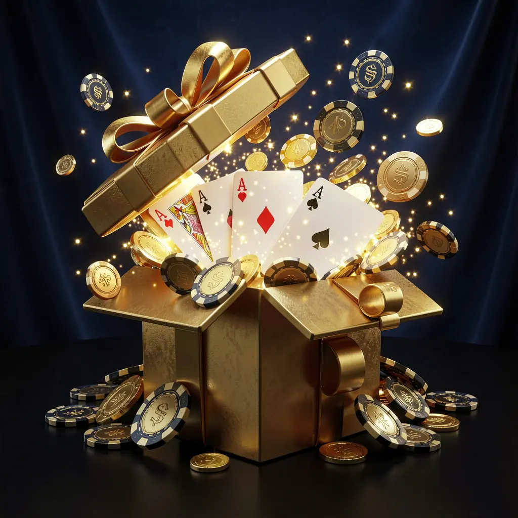 Adegan bonus sambutan mewah WP8888 dengan kotak hadiah emas terbuka yang dipenuhi chip kasino, kartu remi, dan koin berkilau dengan latar belakang biru tua dan hitam premium dalam suasana meriah yang elegan Adegan bonus sambutan mewah WP8888 dengan kotak hadiah emas terbuka yang dipenuhi chip kasino, kartu remi, dan koin berkilau dengan latar belakang biru tua dan hitam premium dalam suasana meriah yang elegan