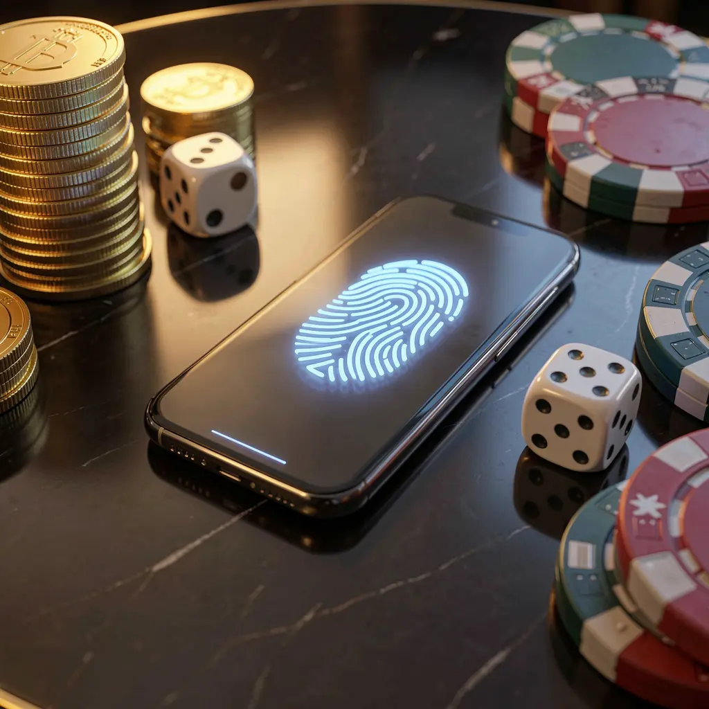 Adegan akses akun permainan daring WP8888 yang menampilkan ponsel pintar dengan ikon sidik jari bercahaya dikelilingi koin emas, dadu, dan chip poker di atas meja mengilap di bawah pencahayaan sinematik Adegan akses akun permainan daring WP8888 yang menampilkan ponsel pintar dengan ikon sidik jari bercahaya dikelilingi koin emas, dadu, dan chip poker di atas meja mengilap di bawah pencahayaan sinematik